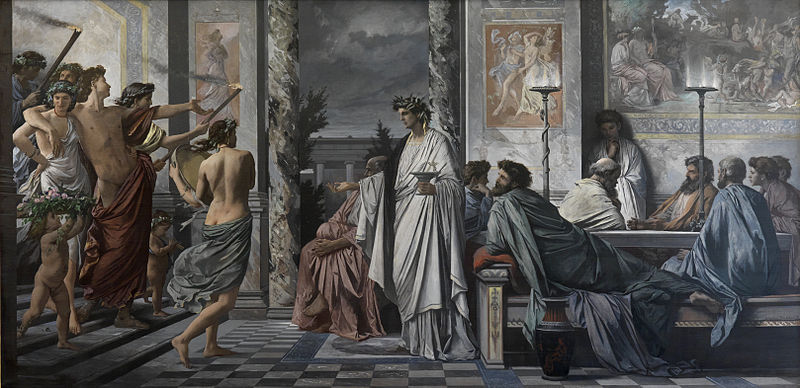 A painting of Plato's symposium. Alcibiades and revelers are entering Agathon's house on the left side. Right of center, Socrates has his back to the scene and is bowing his head. He is sitting with other attendees of the symposium.